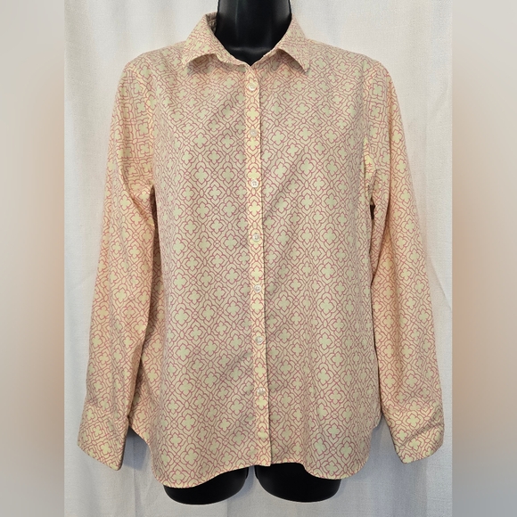 Lands' End Blouse - Pink Pale Yellow Pattern Baumwolle No Iron Supima Size 12 P - Picture 2 of 12